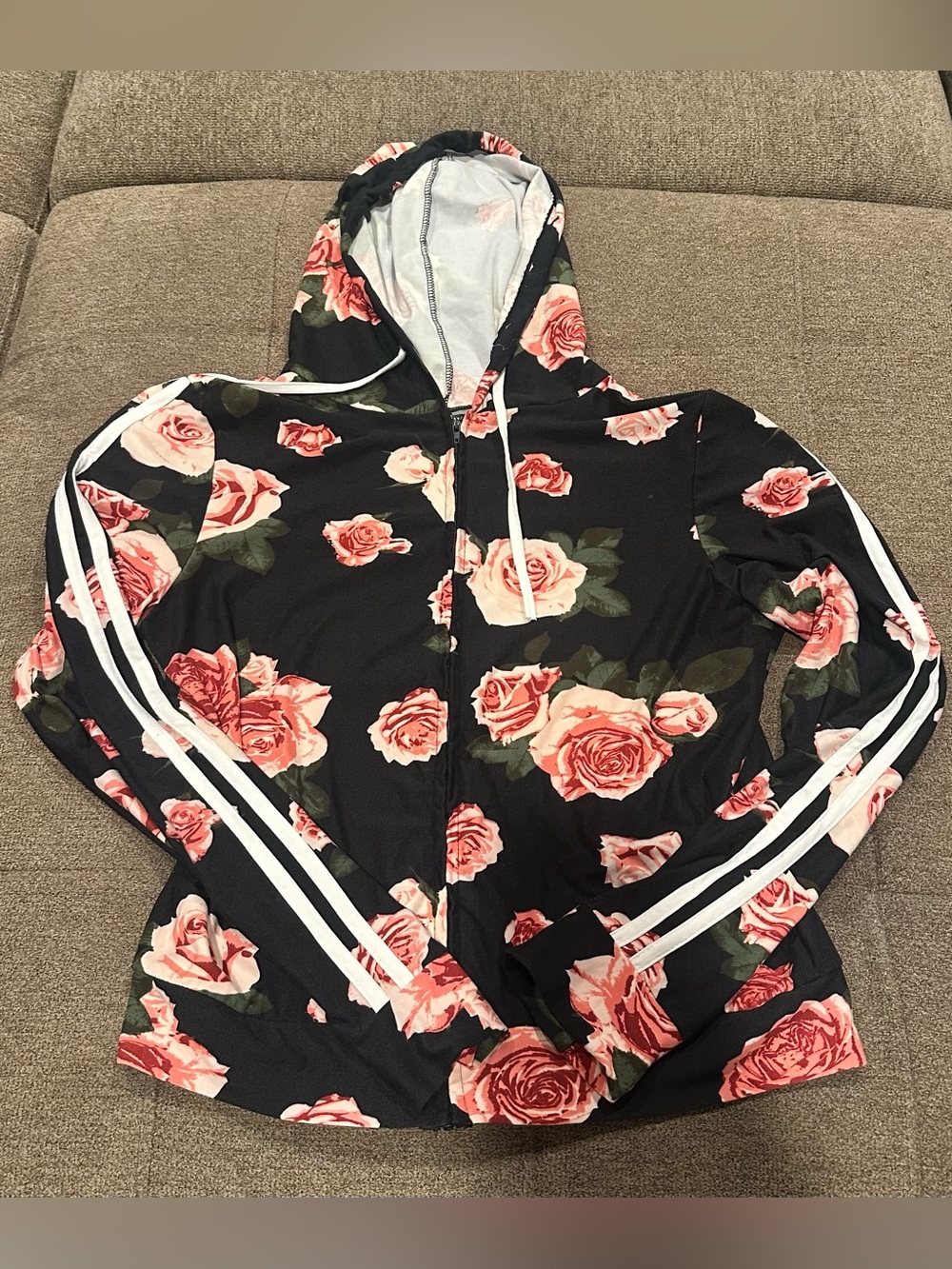 Rose Print Zip-Up Hoodie Jacket & Pants Set